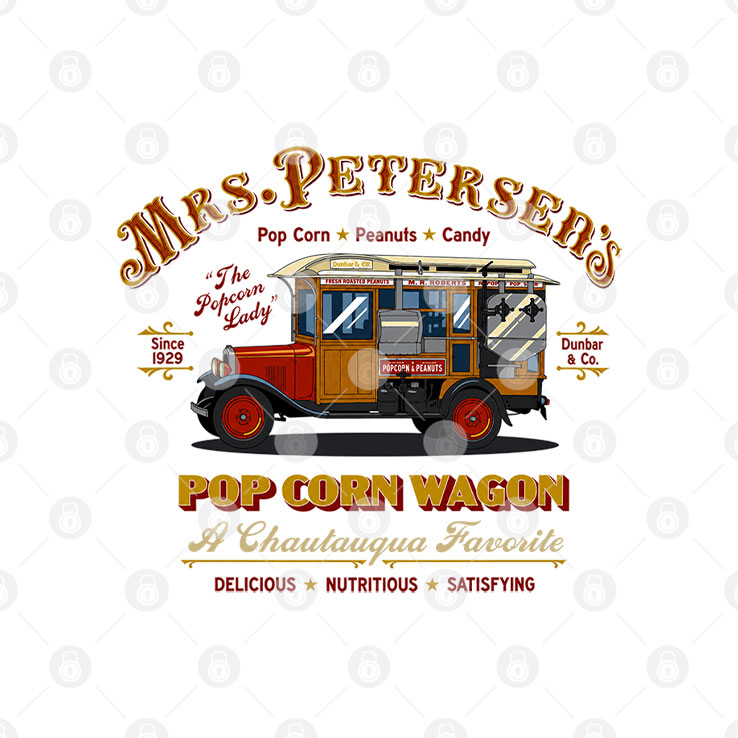 Mrs. Peterson’s Pop Corn Wagon The Popcorn Lady Since 1929 Chautauqua Favorite Vintage Popcorn Truck Graphic T Shirt