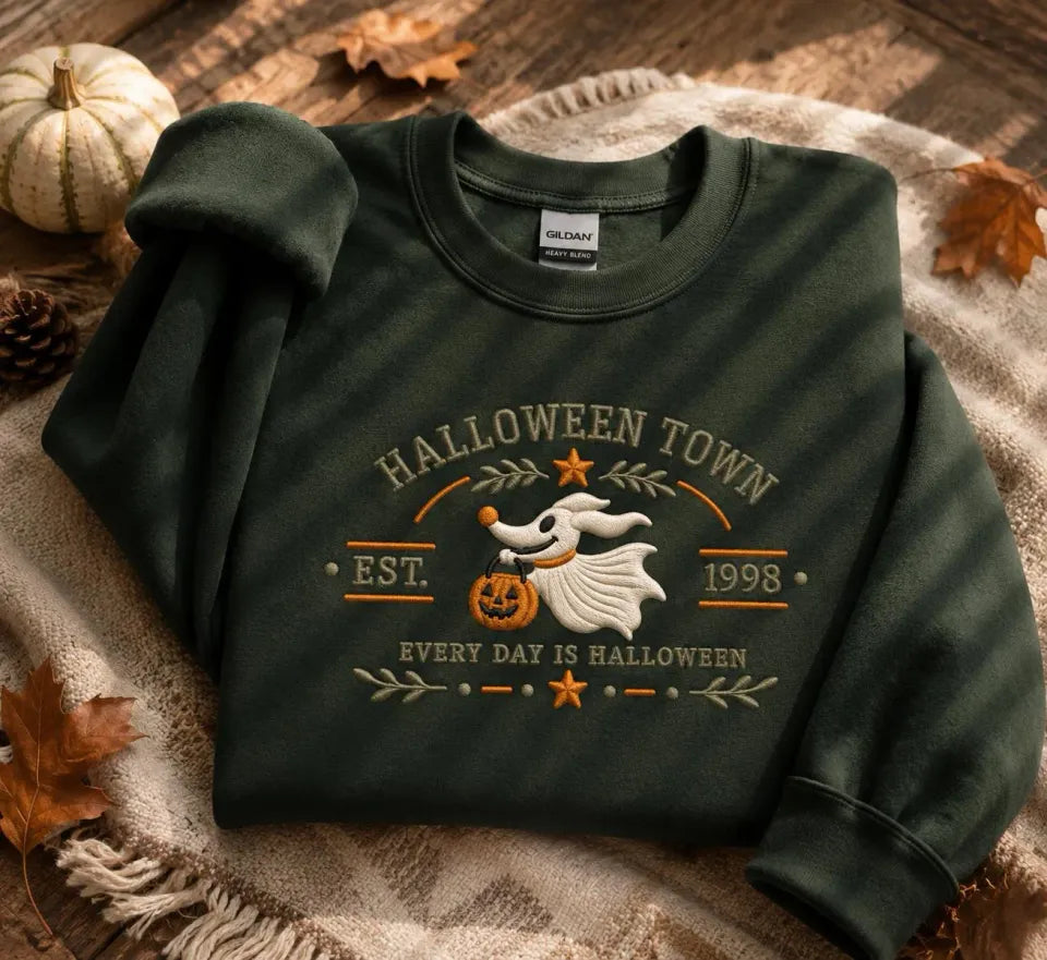 Ghost Dog Embroidered Halloween Sweatshirt, Cute Spooky Crewneck, Autumn Ghost Sweater, Fall Pumpkin Jumper