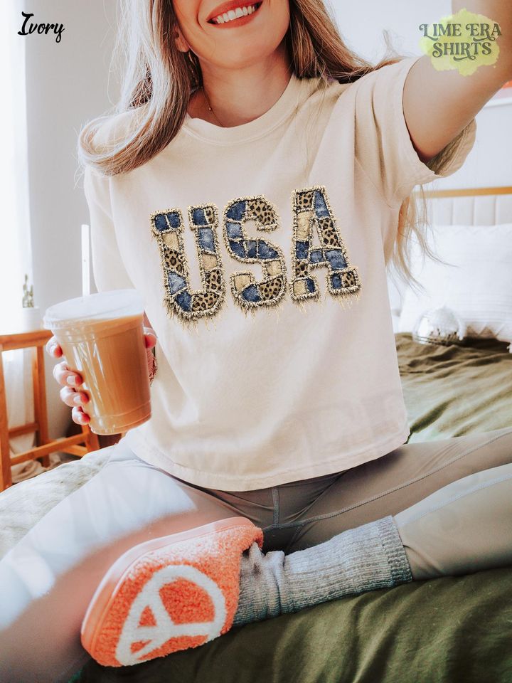 USA Denim Leopard Patchwork Boxy Tee, Western Country Tee, Faux Applique USA Shirt, Leopard Print Patriotic Top