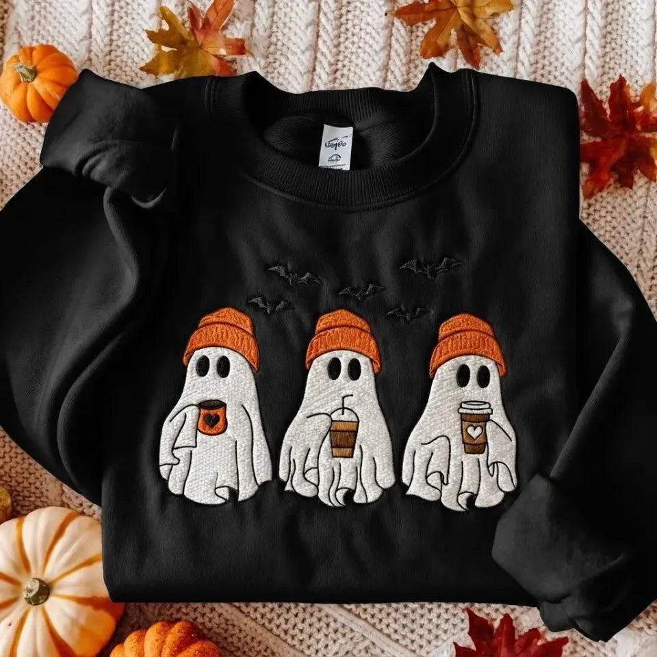 Embroidered Halloween Ghost Sweatshirt, Coffee Ghost Crewneck, Fall Spooky Sweater