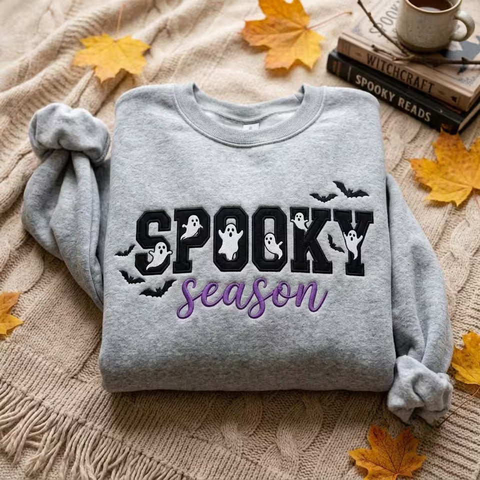 Embroidered Spooky Season Sweatshirt, Halloween Ghost and Bat Crewneck Pullover