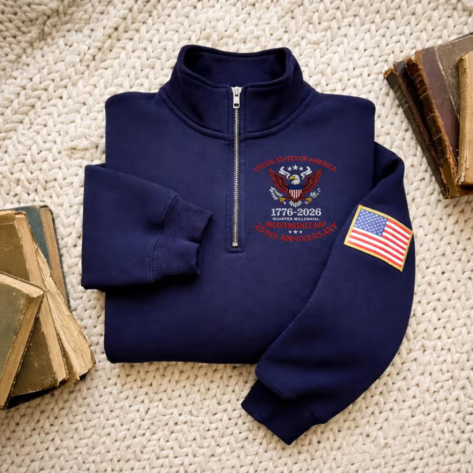 USA 250th Anniversary Quarter Zip Sweatshirt, Eagle Embroidery, Patriotic 2026 Pullover, American Flag Sweatshirt