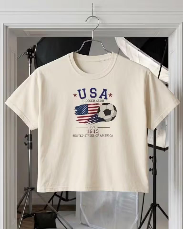 USA Soccer Club Boxy Tee, Women's Patriotic Soccer Shirt, American Soccer Fan Graphic Tee, USA Soccer Shirt