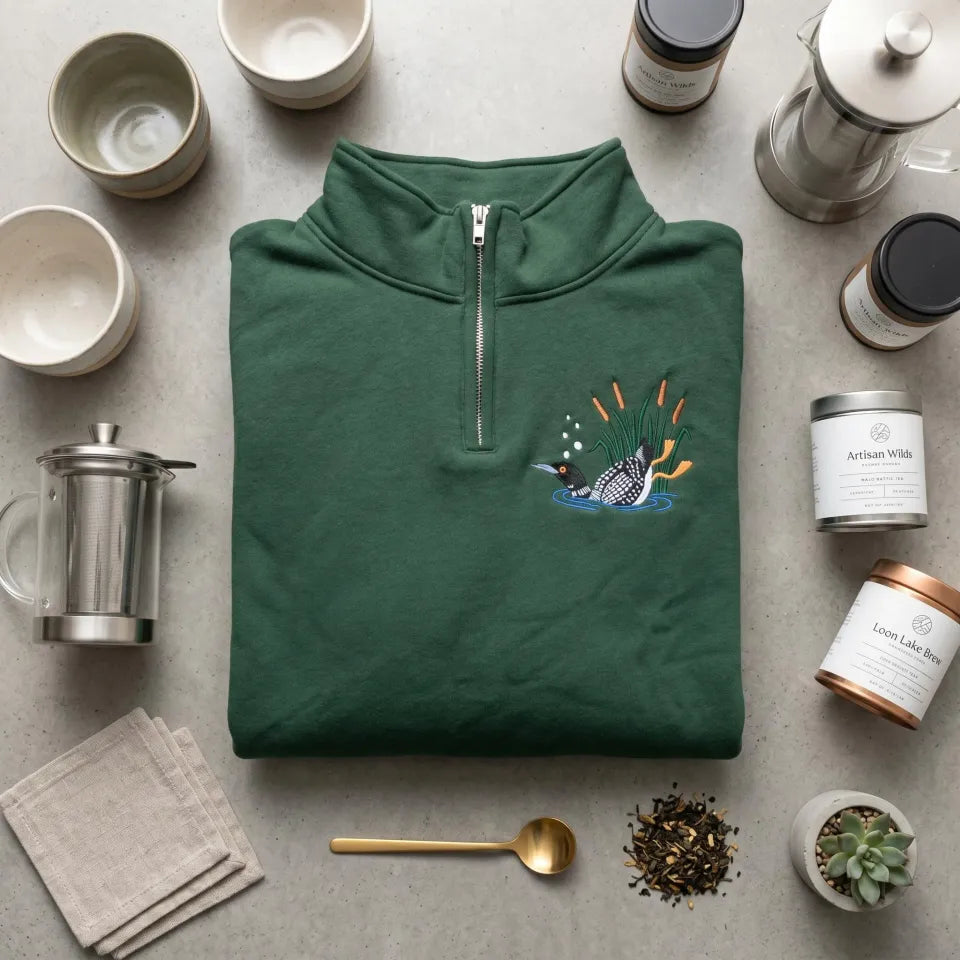 Embroidered Diving Loon Quarter Zip, Wildlife Nature Birdwatching Pullover, Outdoor Lover Gift Apparel
