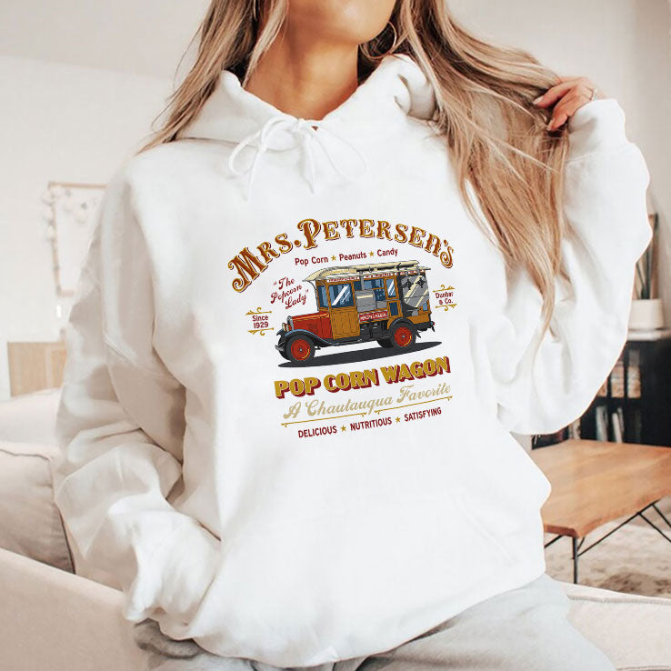 Mrs. Peterson’s Pop Corn Wagon The Popcorn Lady Since 1929 Chautauqua Favorite Vintage Popcorn Truck Graphic T Shirt