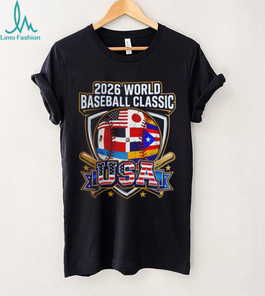 2026 World Baseball Classic Multi National Flag Shield USA T Shirt