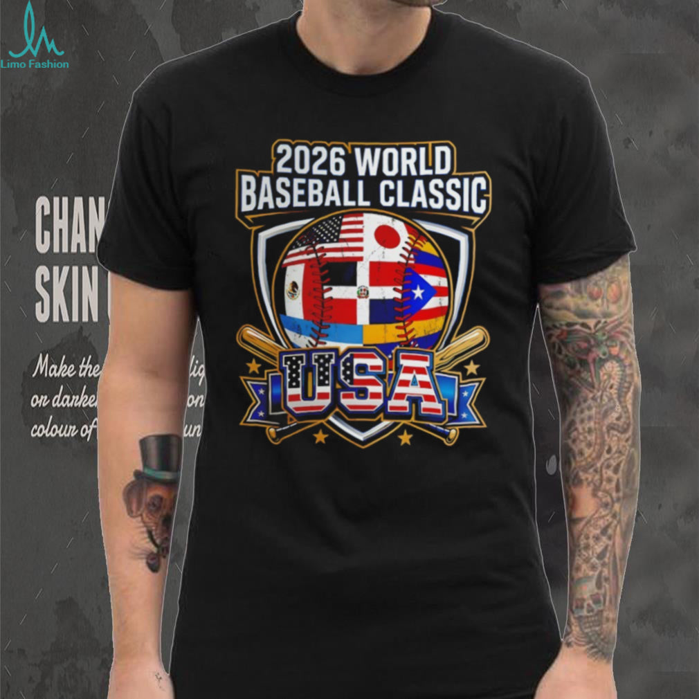 2026 World Baseball Classic Multi National Flag Shield USA T Shirt