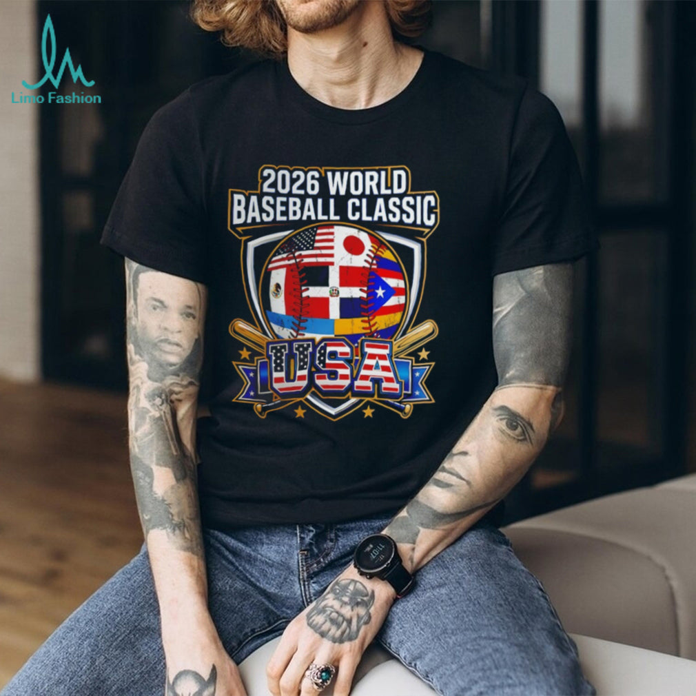 2026 World Baseball Classic Multi National Flag Shield USA T Shirt