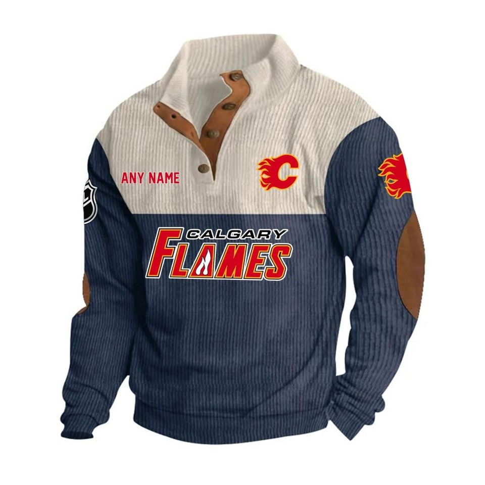 Calgary Flames Personalized Name Corduroy Stand Collar Sweatshirt