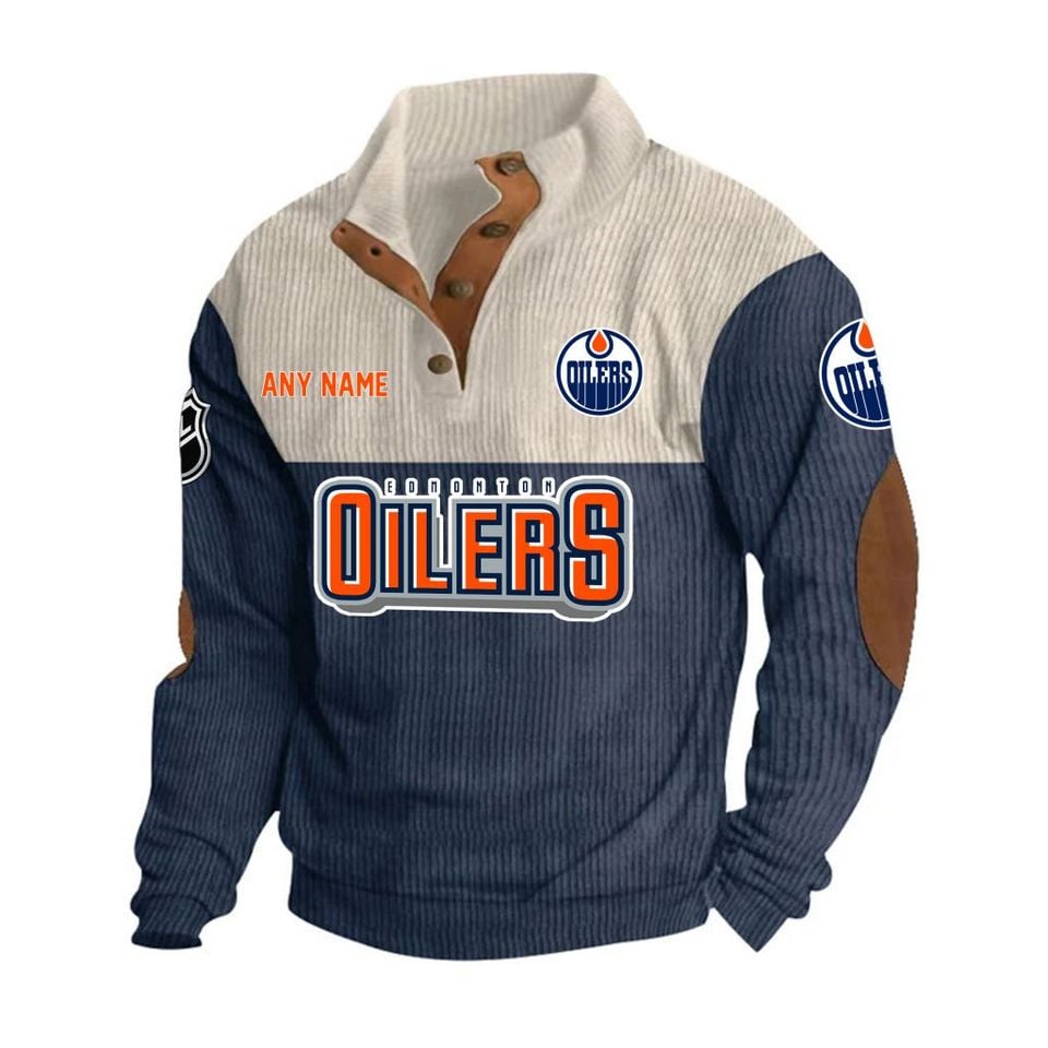 Edmonton Hockey Team Personalized Name Corduroy Stand Collar Sweatshirt