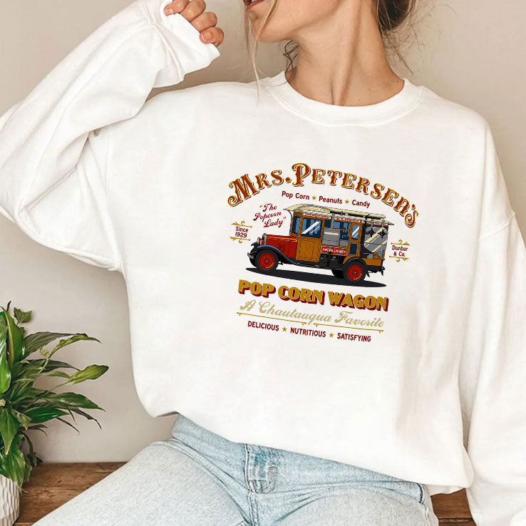 Mrs. Peterson’s Pop Corn Wagon The Popcorn Lady Since 1929 Chautauqua Favorite Vintage Popcorn Truck Graphic T Shirt