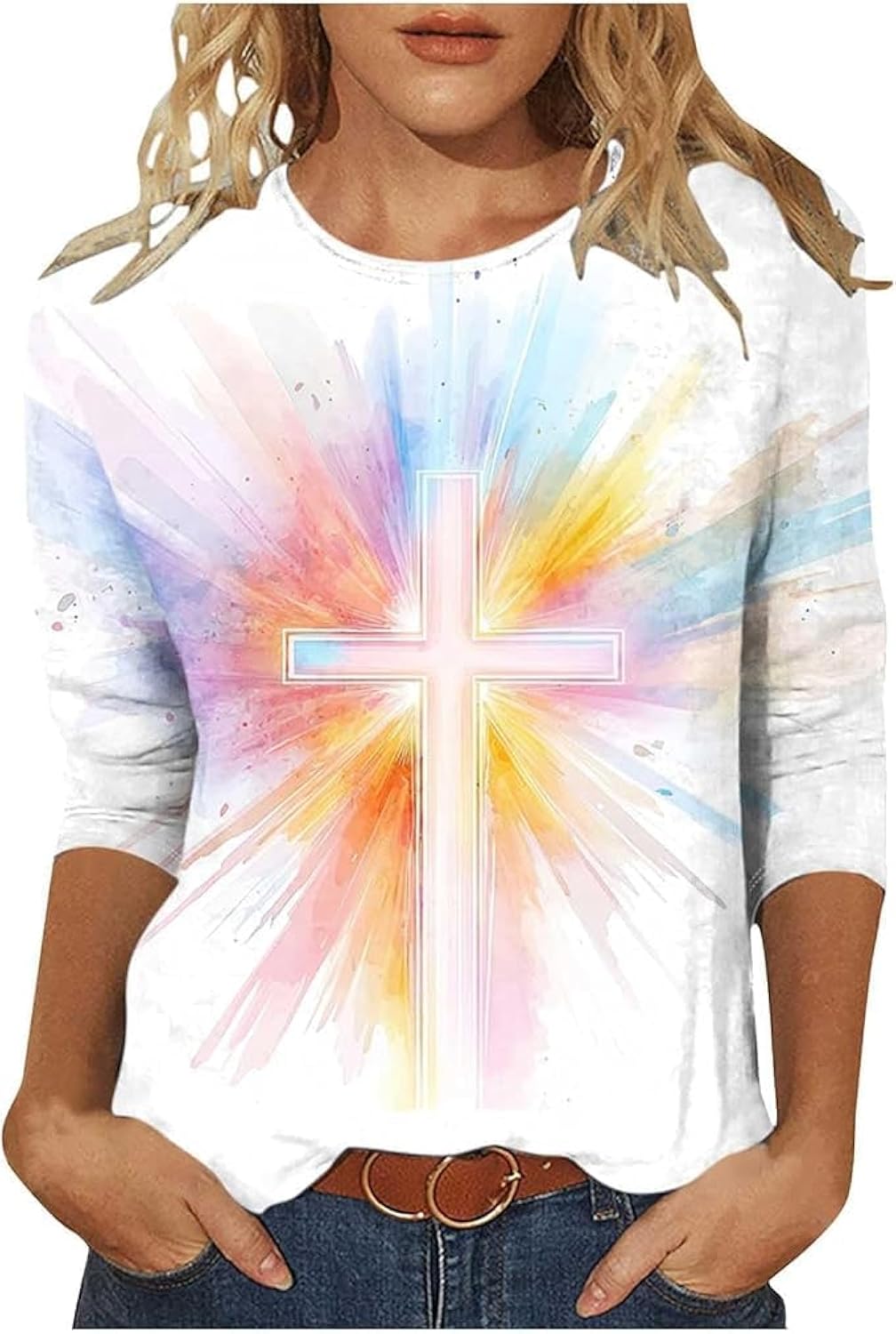 Easter Shirts for Women 2026 Funny Graphic Tees Easter Outfits for Women 3/4 Sleeve Fashion Cute Festival Outfits