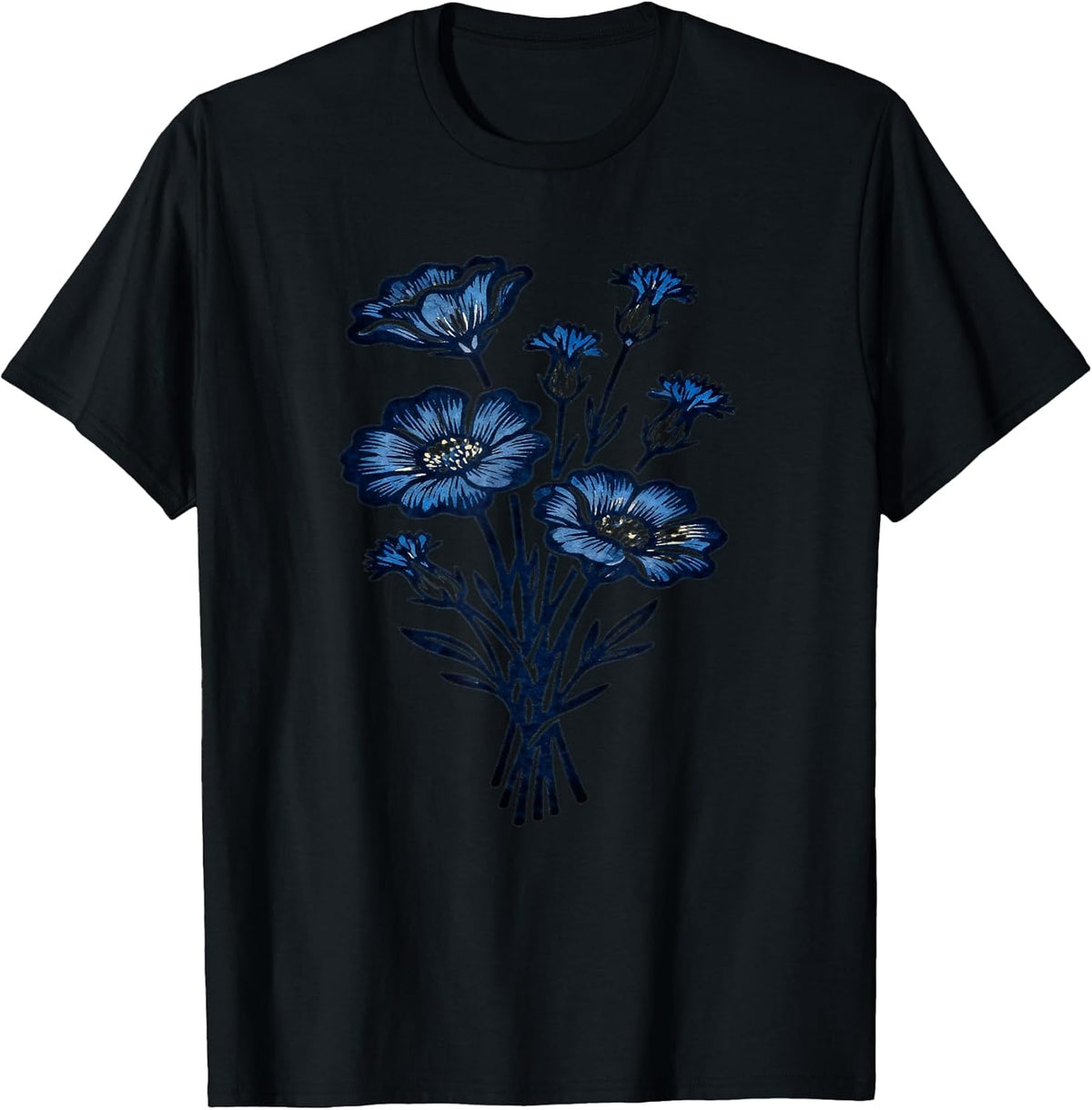 Vintage Indigo Blue Floral Wildflowers Botanical Nature Art T-Shirt