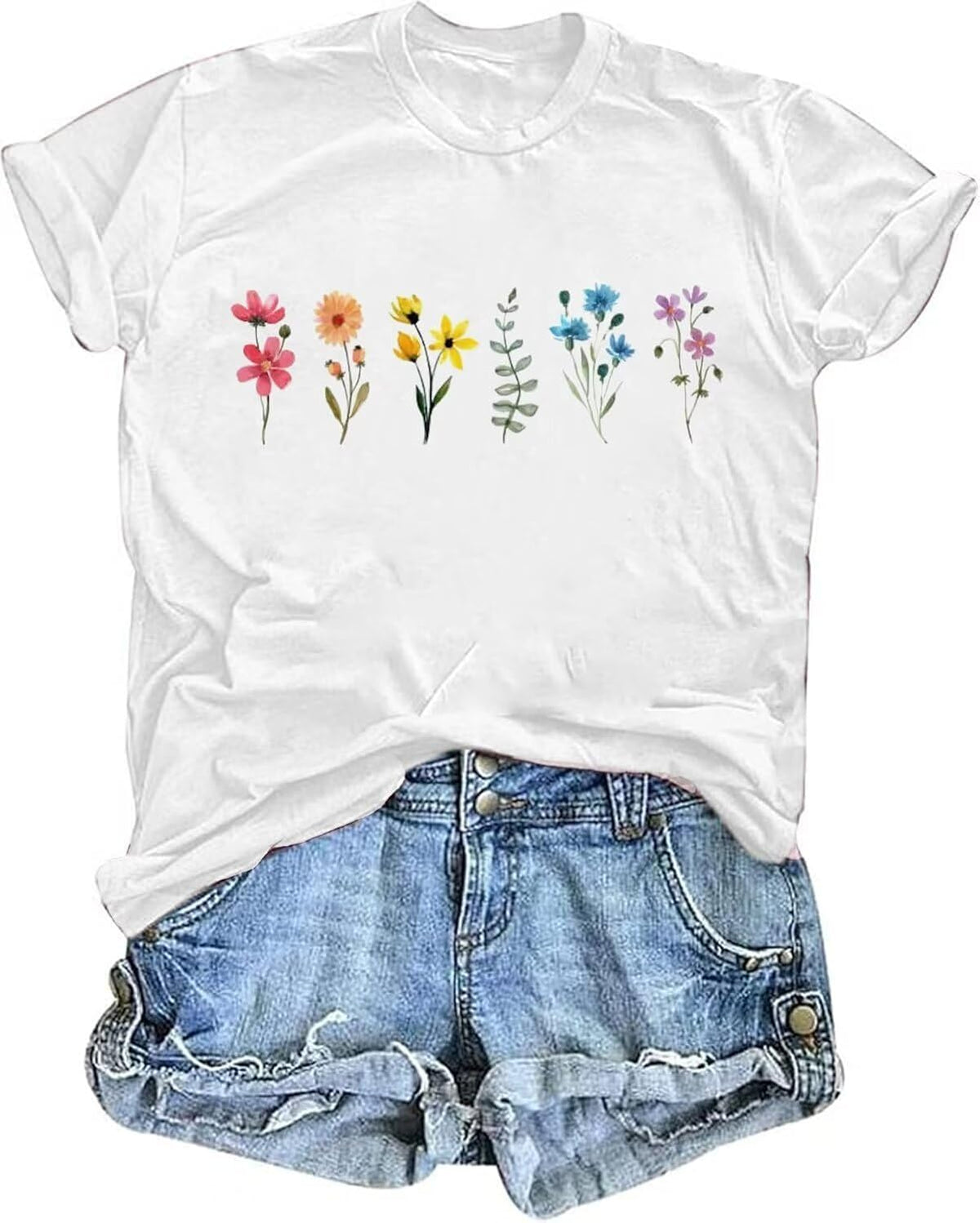 Vintage Flowers T Shirt Women Wildflower Graphic Tees Boho Floral Printed Top Short Sleeve Casual Shirts
