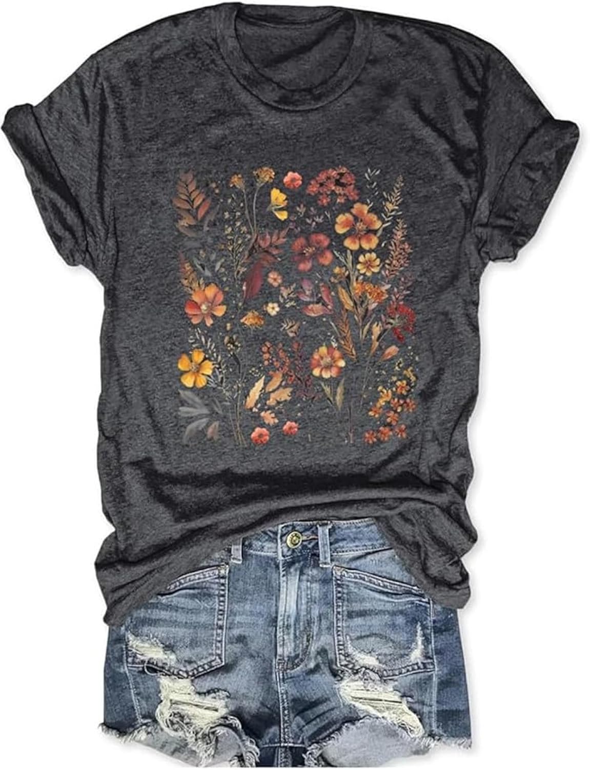 Women's Boho Flower T Shirt Vintage Flowers Printed Shirt Colorful Wildflower Graphic Tee Casual Botanical Short Sleeve
