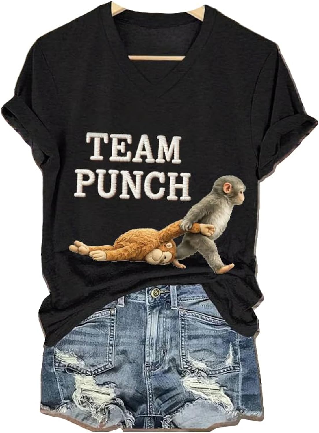 Women's Mental Health Punch Monkey Print V-Neck T-Shirt Monkey Punch Mental Health Positive Tee