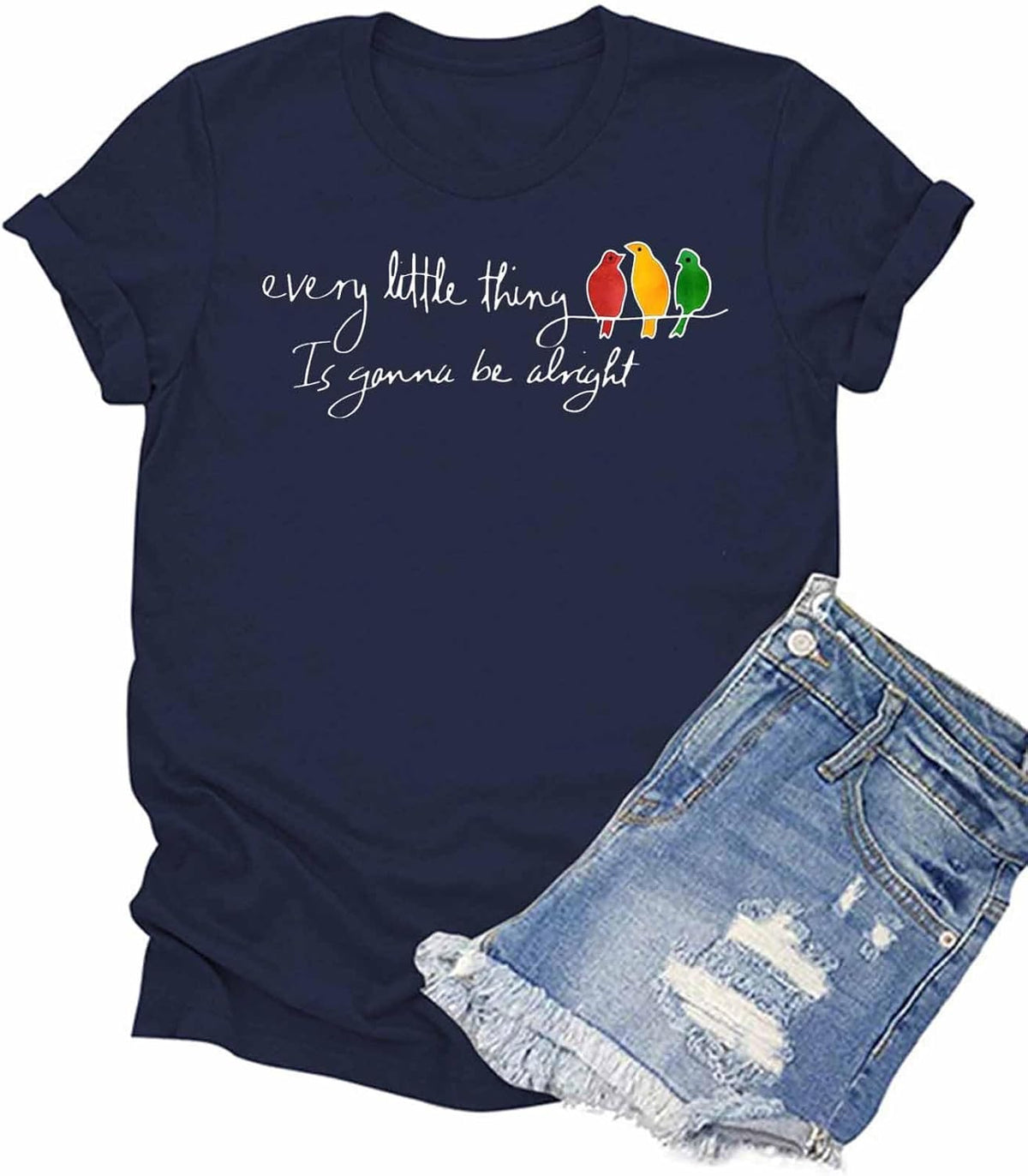 Womens Every Little Thing is Gonna Be Alright T-Shirt Inspirational Quote Short Sleeve Summer Fit Tees Tops