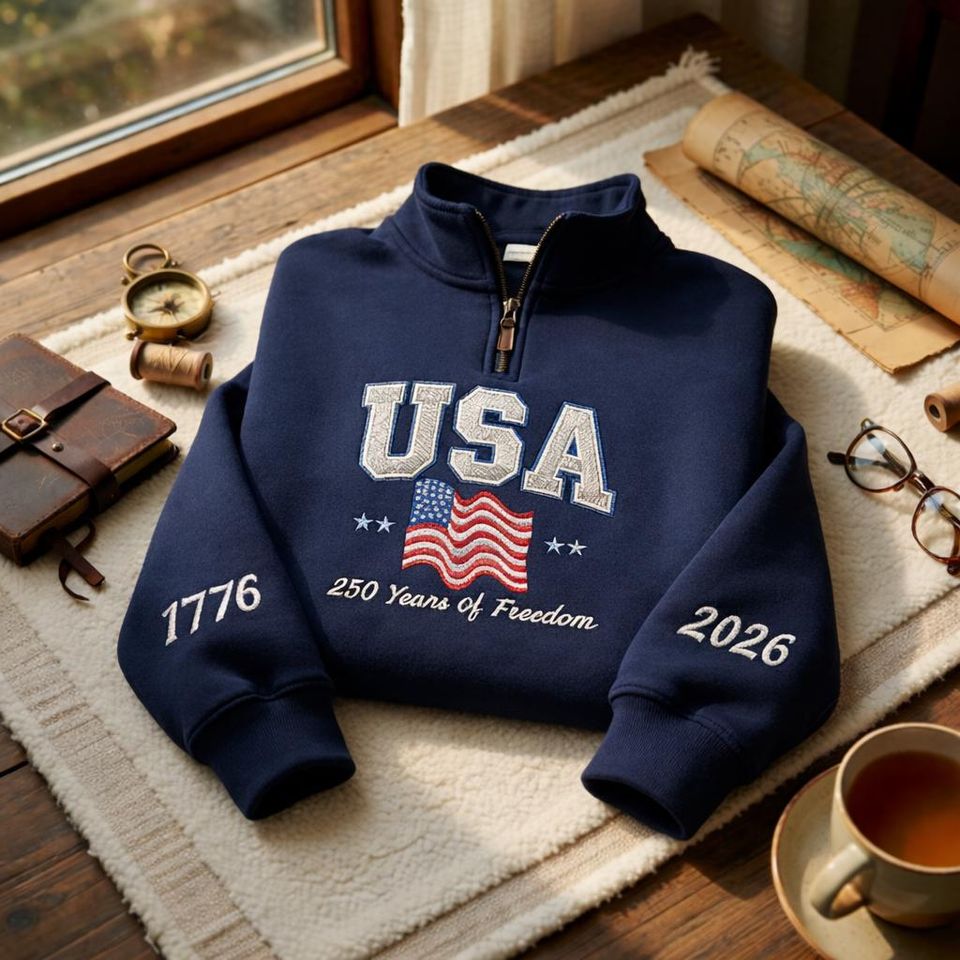 USA 250 Years Sweatshirt, Quarter Zip 1776 - 2026 Anniversary Sweatshirt, Embroidered Flag Shirt, Fourth of July Gift