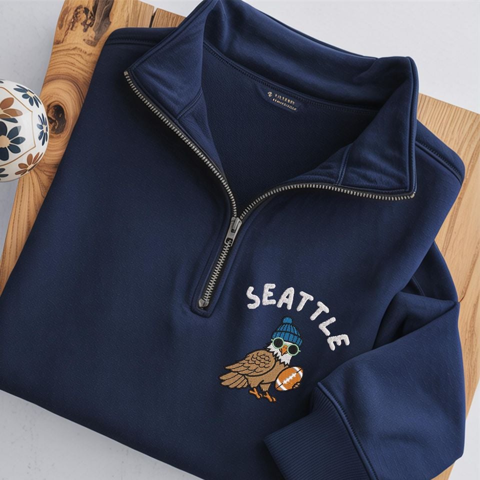 Embroidered Seattle Football Quarter Zip Sweatshirt | Game Day Crewneck | Retro Sports Hoodie| Unisex Sweater For Men,Women|Trendy Fan Gifts