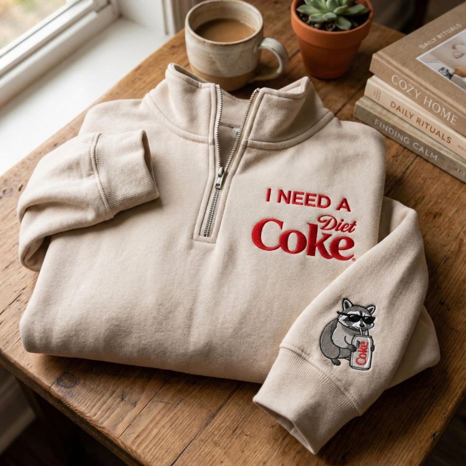 Embroidered Raccoon Diet Coke Quarter Zip, Funny Meme Shirt