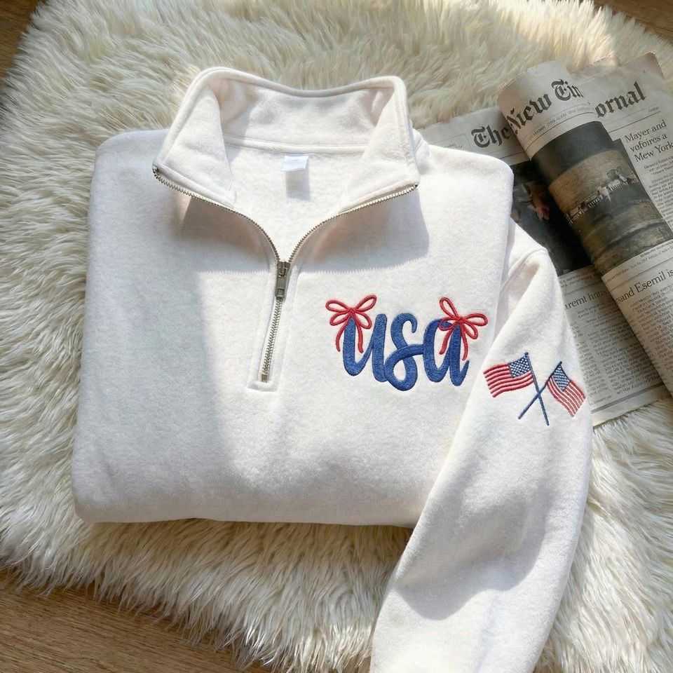 Embroidered USA Quarter Zip Sweatshirt, American Flag Pullover, Patriotic Preppy Half Zip