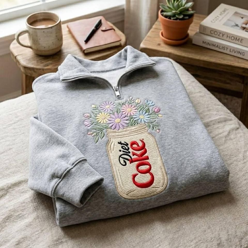 Embroidered Floral Diet Coke Quarter Zip Sweatshirt, Diet Coke Crewneck, Diet Coke Sweatshirt, Coke Sweatshirt