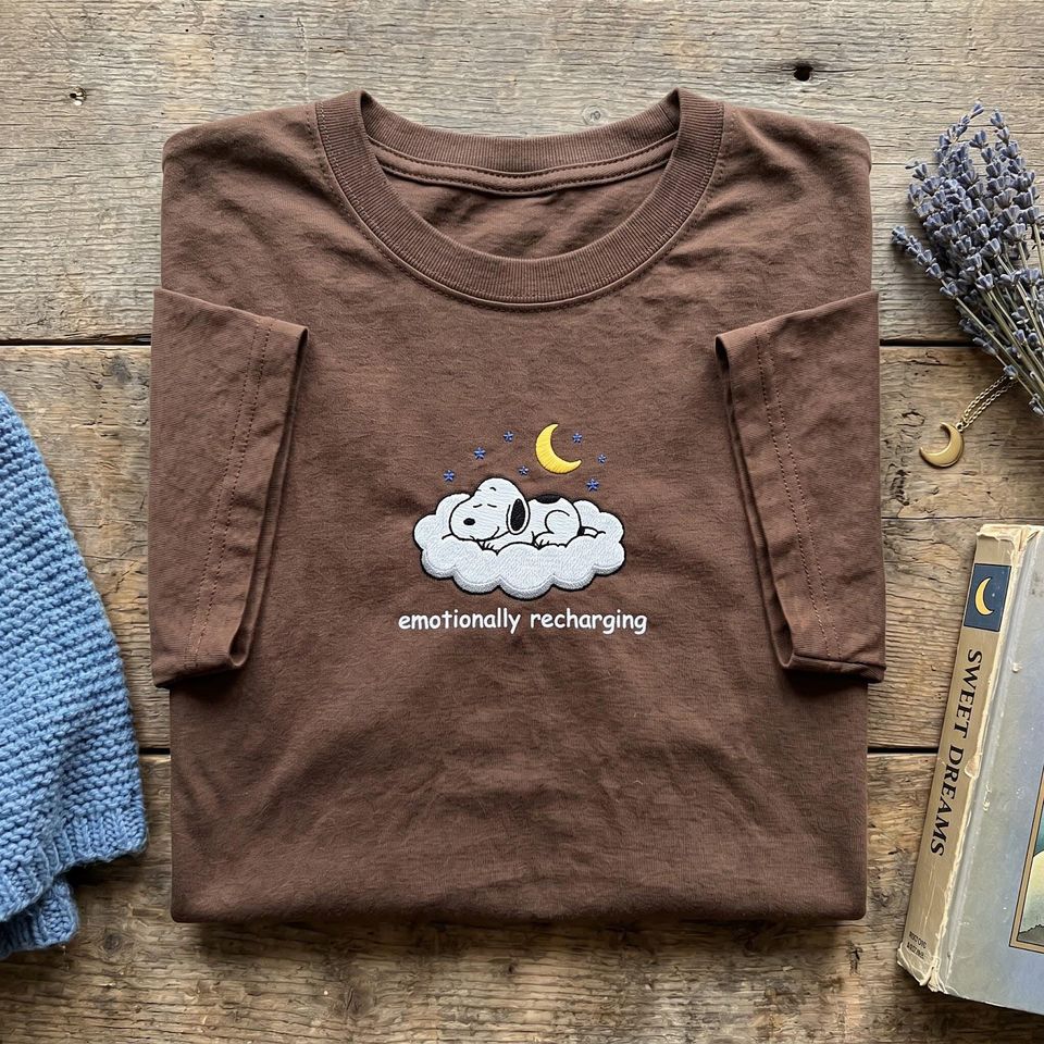 Emotionally Recharging Embroidered T-shirt, Cute Sleeping Dog on Cloud Tee