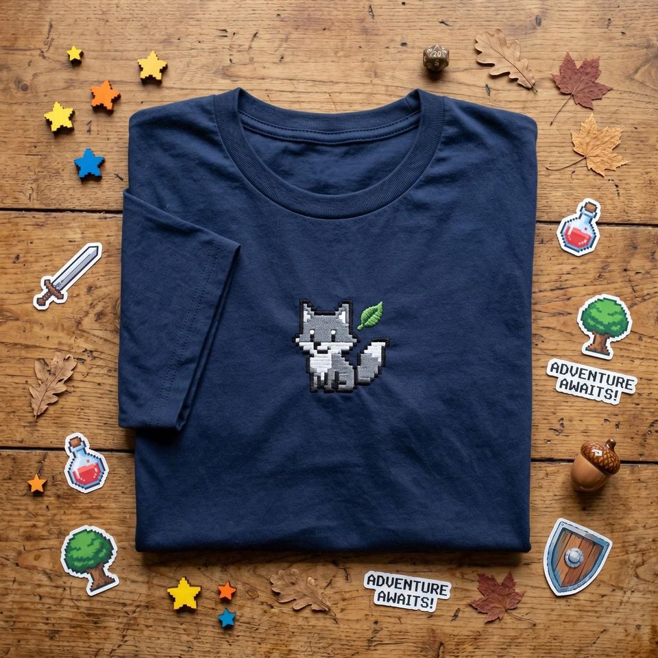 Embroidered T Shirt, Pixel Art Fox Tee, Retro Gaming Shirt