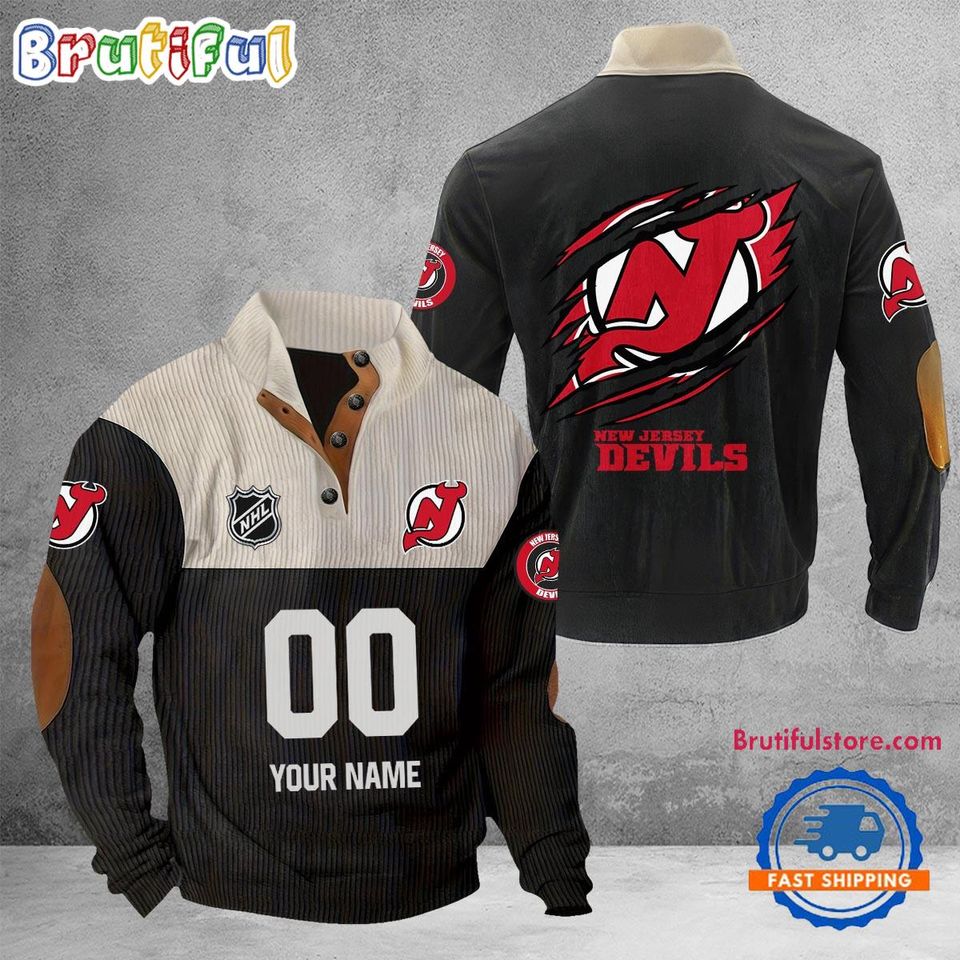 New Jersey Devil Hockey Team Custom Name and Number Corduroy Stand Collar Sweatshirt