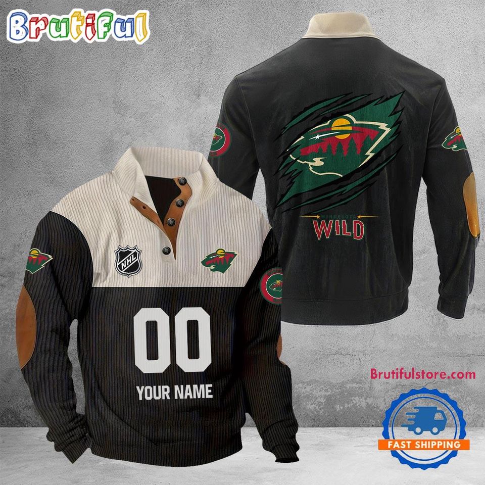 Minnesota Wild Hockey Team Corduroy Stand Collar Sweatshirt with Custom Name and Number