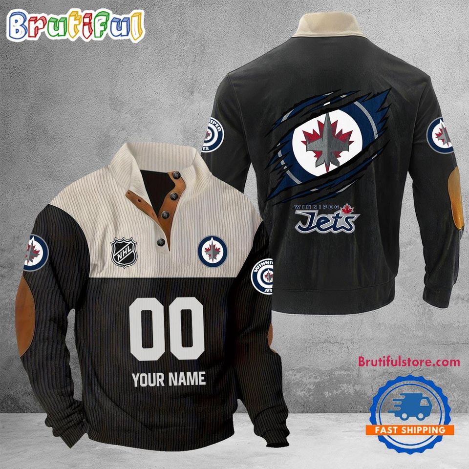 Winnipeg-Jets Custom Name and Number Corduroy Stand Collar Sweatshirt