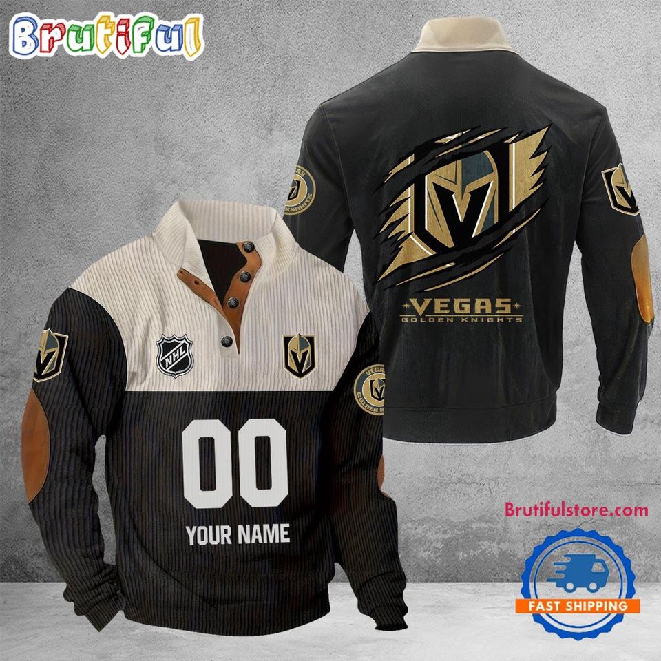 Vegas Golden Knights Corduroy Stand Collar Sweatshirt with Custom Name and Number