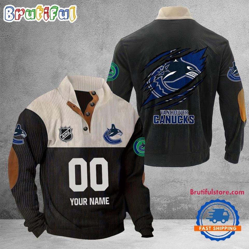 Vancouver Canucks Corduroy Stand Collar Sweatshirt with Custom Name and Number
