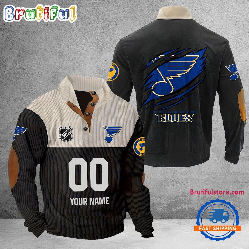 St Louis Blues Corduroy Stand Collar Sweatshirt with Custom Name and Number