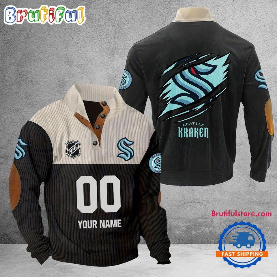 Seattle Kraken Custom Name and Number Corduroy Stand Collar Sweatshirt