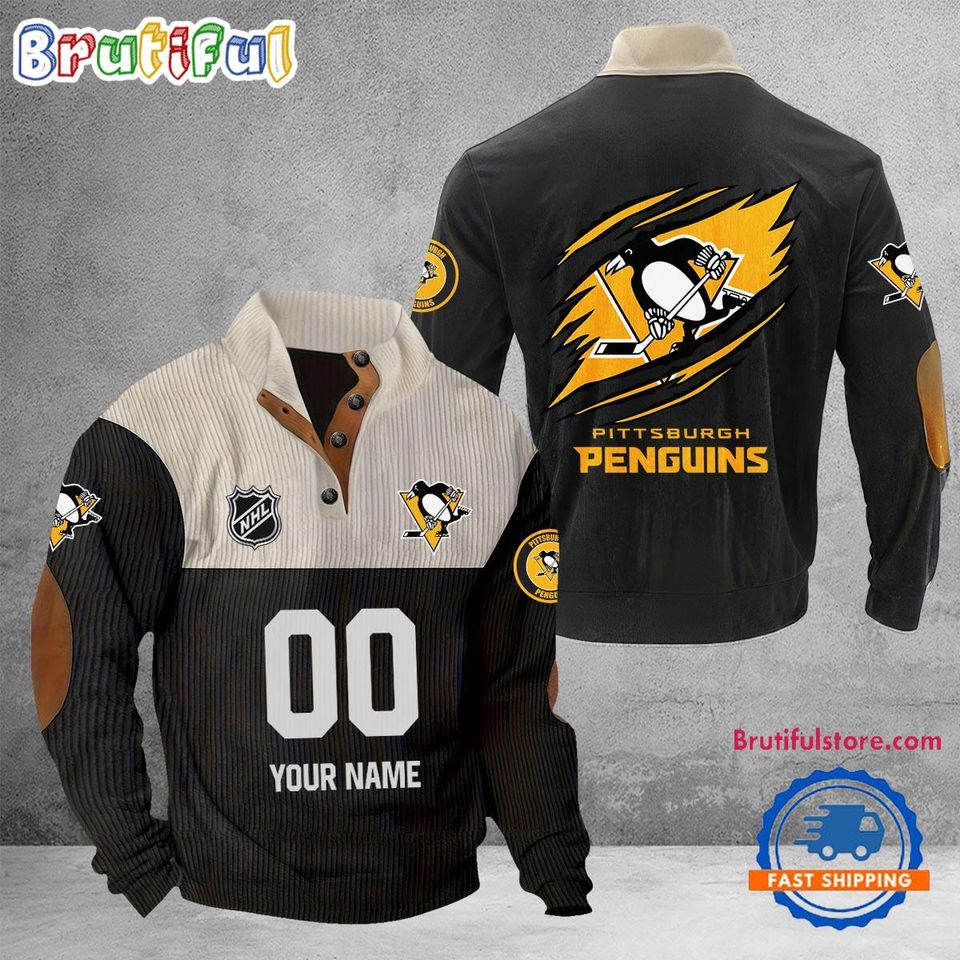 Pittsburgh Penguins Corduroy Stand Collar Sweatshirt with Custom Name and Number