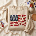 Floral American Flag Embroidered Sweatshirt - Patriotic Flowers - Fourth of July Gift for Women