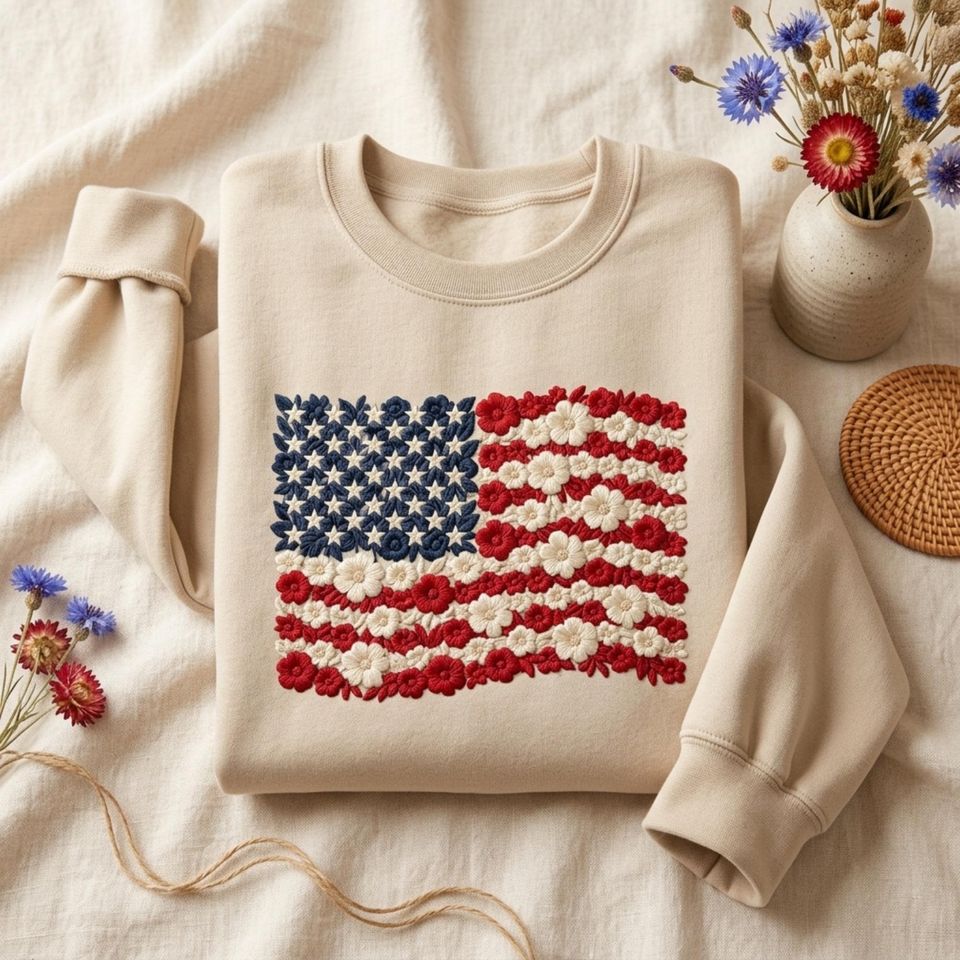 Floral American Flag Embroidered Sweatshirt - Patriotic Flowers - Fourth of July Gift for Women