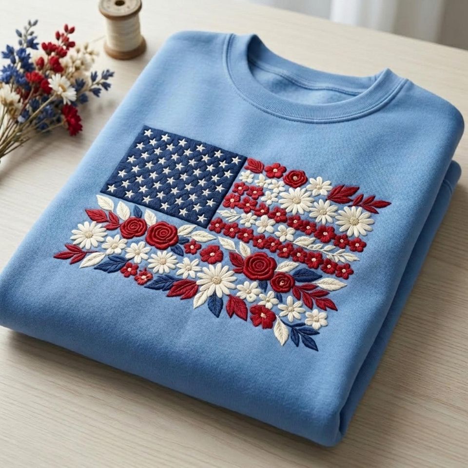 Floral American Flag Embroidered Sweatshirt Patriotic Flower USA Crewneck July 4th Gift for Her