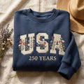 USA 250 Years Embroidered Sweatshirt Patriotic Floral Crewneck for Women