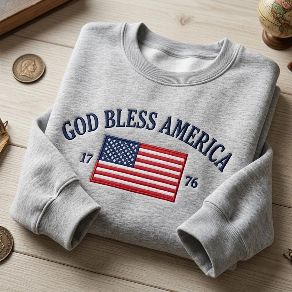 God Bless America Embroidered Sweatshirt Patriotic USA Flag Crewneck Fourth of July Americana