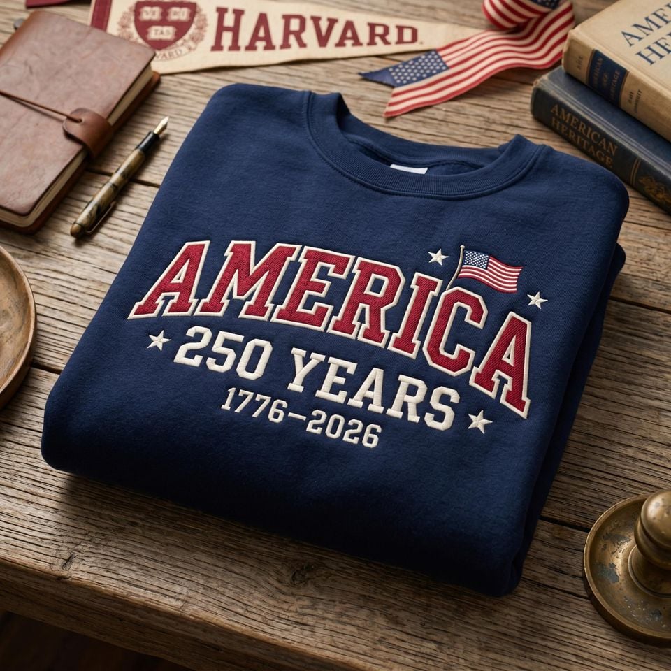 America 250 Embroidered Sweatshirt Patriotic College Style Vintage American Heritage