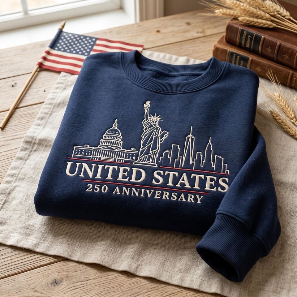 United States 250th Anniversary Embroidered Sweatshirt Patriotic USA Skyline Liberty