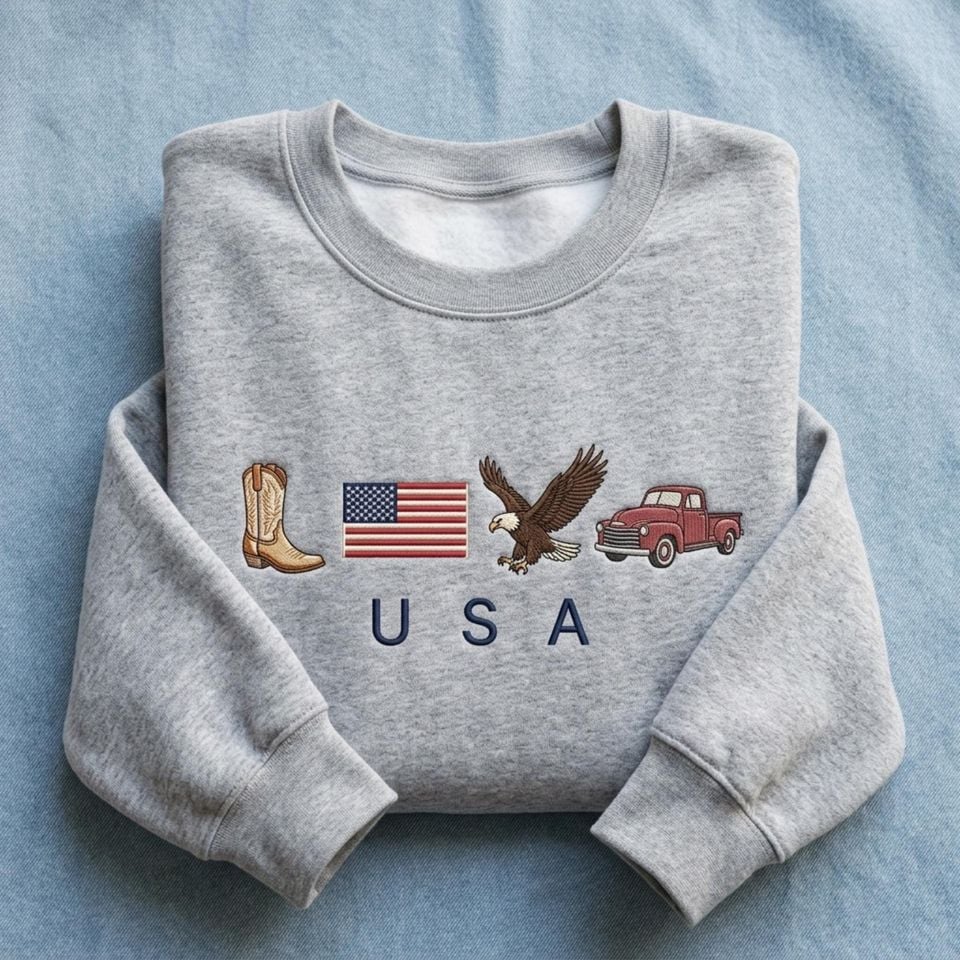 USA Embroidered Sweatshirt Patriotic Crewneck Vintage Western Eagle Unisex