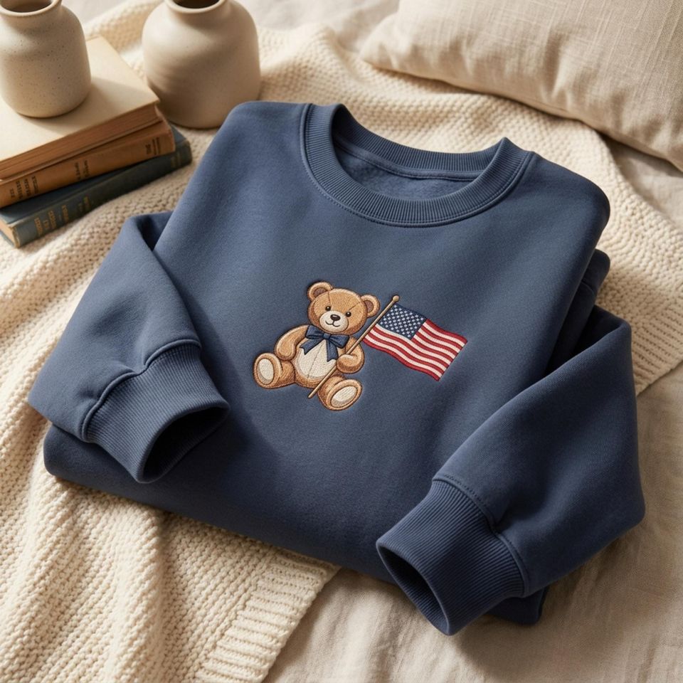 Teddy Bear Embroidered Sweatshirt Patriotic Bear Crewneck American Flag Sweatshirt Cute USA Gift
