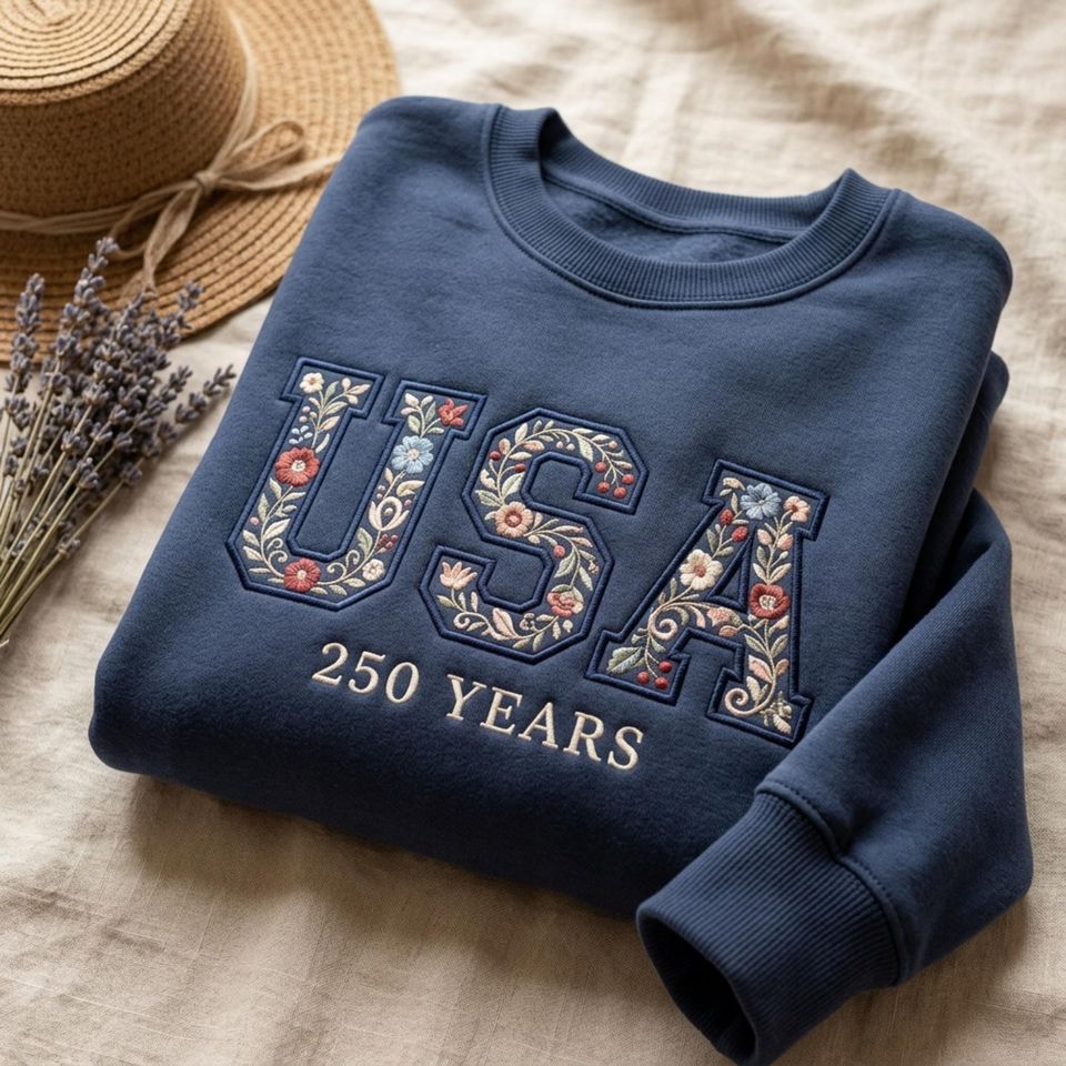 Embroidered USA 250 Years Floral Sweatshirt Patriotic Americana Crewneck