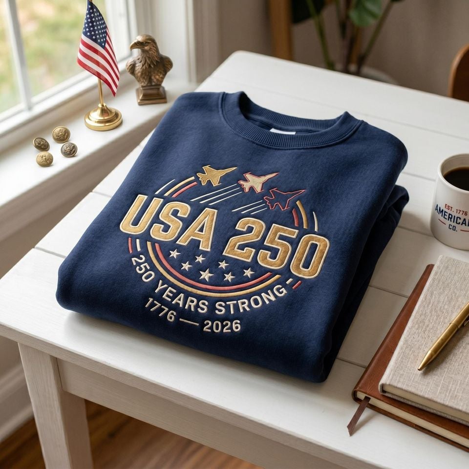 USA 250th Embroidered Sweatshirt Patriotic Crewneck America 250 Years Strong Aviation Shirt Gift