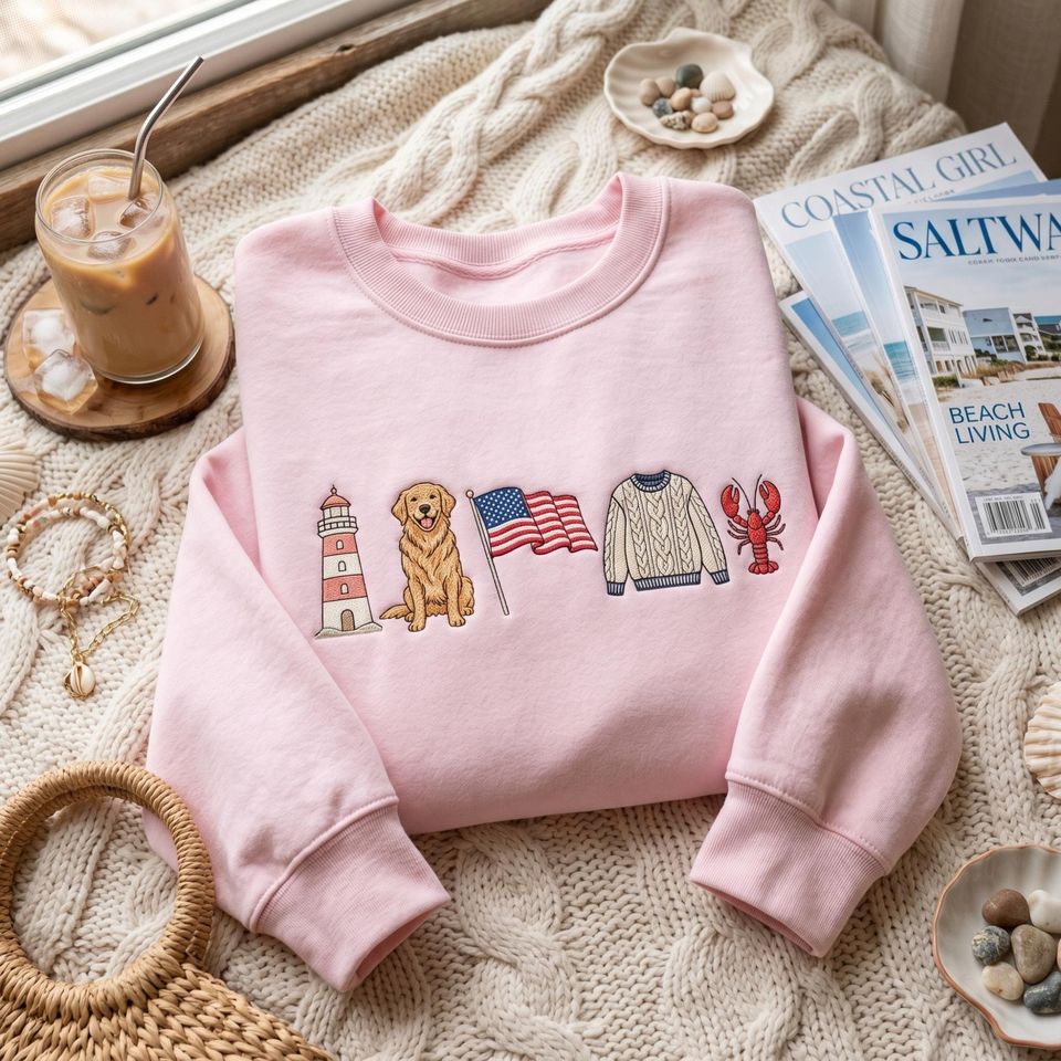 Coastal Summer Embroidered Sweatshirt Beach Icons USA Coastal Grandma Crewneck Preppy Vacation Gift