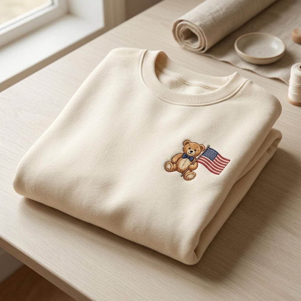 Teddy Bear Embroidered Sweatshirt, Minimal Patriotic Crewneck, Small USA Flag Sweatshirt, Cute Americana Gift