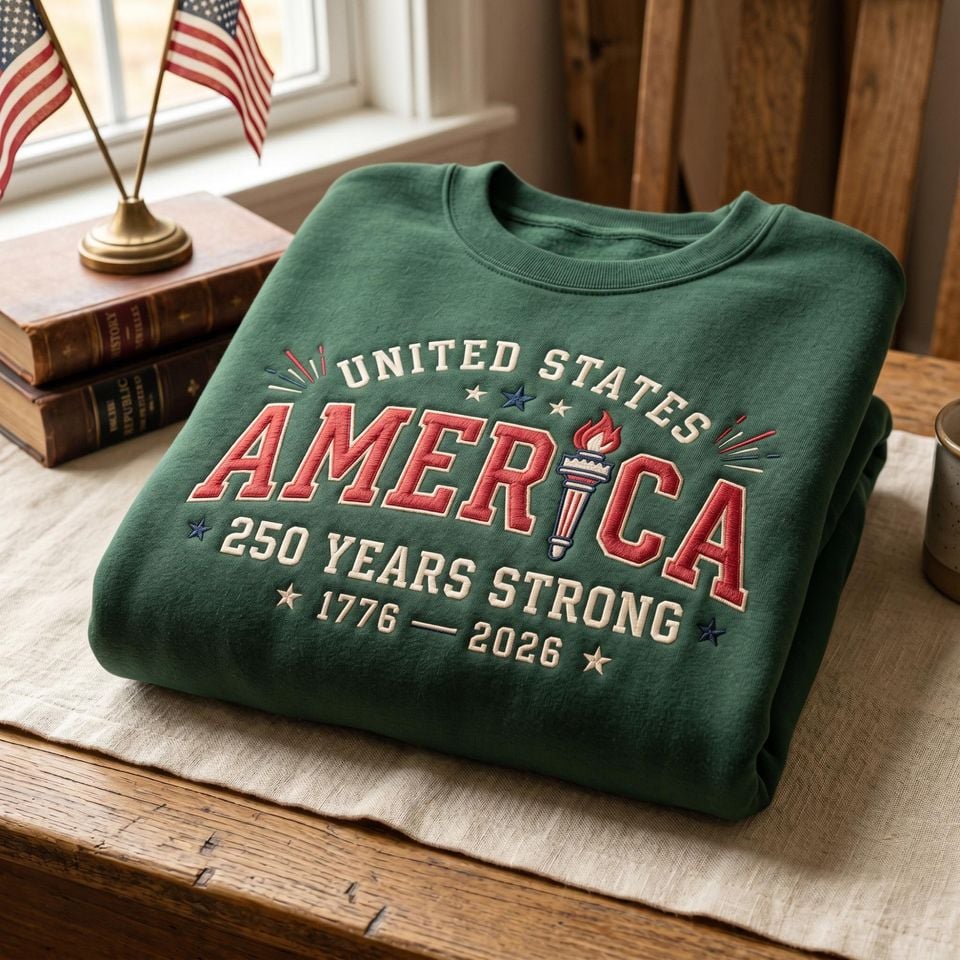 Embroidered American Sweatshirt - 250 Years Strong Vintage Torch Hoodie for Independence Day